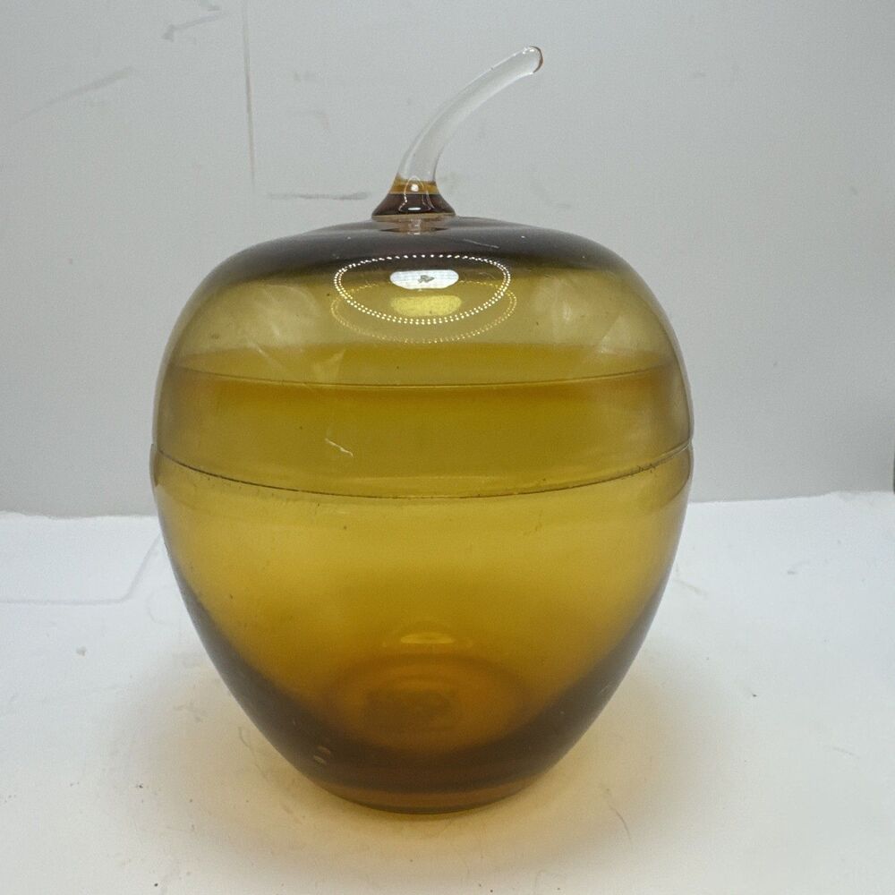 Vintage MCM Kreiss Glass Amber brown Apple Fruit Stunning 5.5 Inches lidded